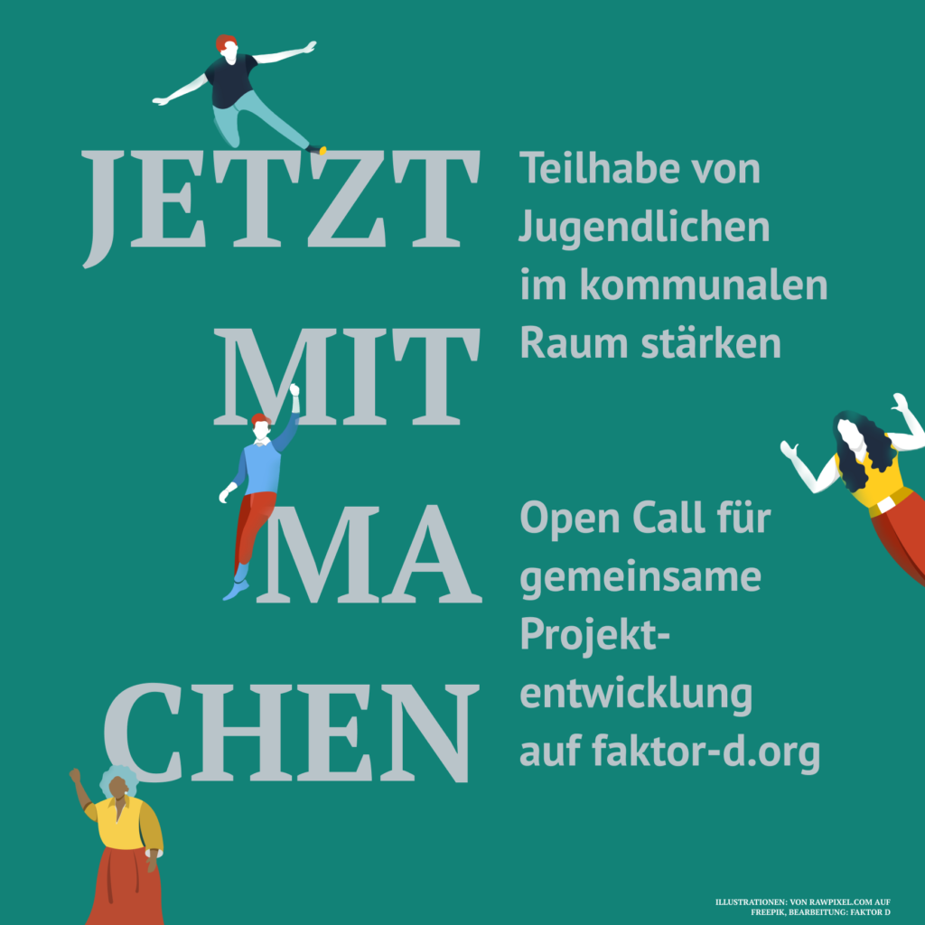 Ein Social-Share-Pic für den Open Call: Junge Menschen sind um Buchstaben gruppiert, die zum Open Call aufrufen.