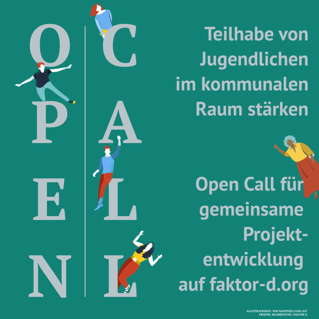 Ein Social-Share-Pic für den Open Call: Junge Menschen sind um Buchstaben gruppiert, die zum Open Call aufrufen.